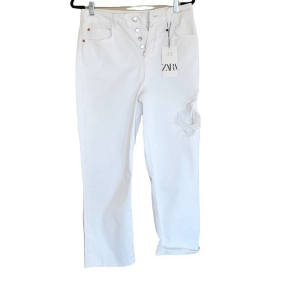 Zara Denim - NWT Zara Women’s High Rise Straight Distressed Jeans White Size 8